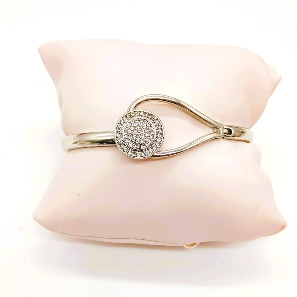 Hinged Round Pave Cuff Bracelet 7" Silver Tone with Front Hook Closure Jewelry